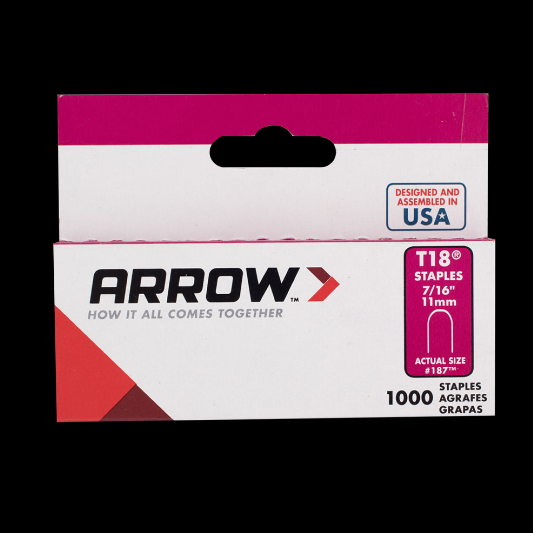 ARROW T18 11mm Staples, high-quality steel fasteners for securely stapling telephone and low-voltage cables, 1000 pack.