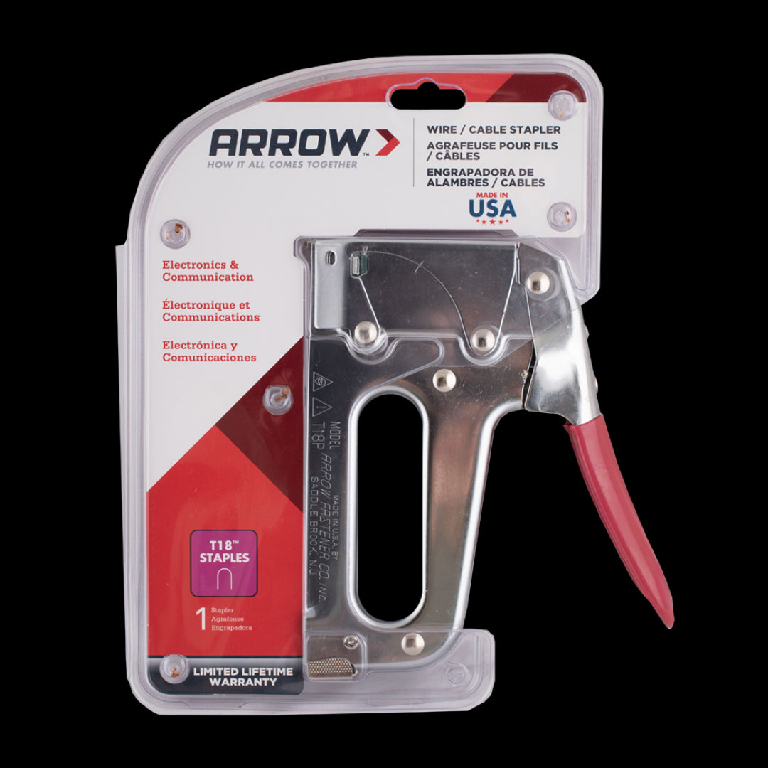 Arrow T18 Cable Staple Gun with all-steel construction and chrome finish, designed for low voltage wiring up to 3/16" diameter.
