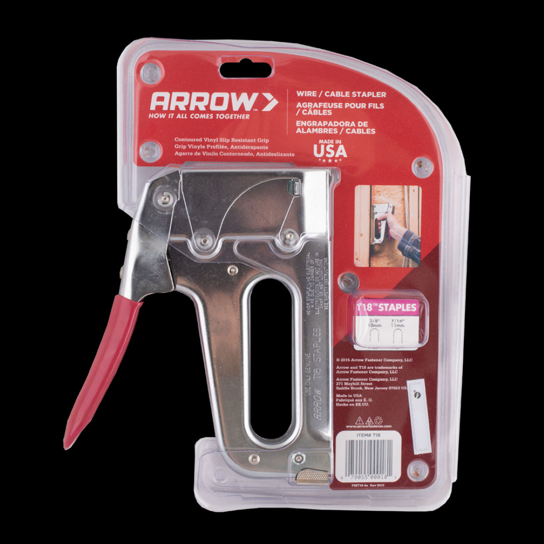 Arrow T18 Cable Staple Gun featuring durable steel construction, jam-resistant mechanism, and ergonomic handle for low voltage wiring.