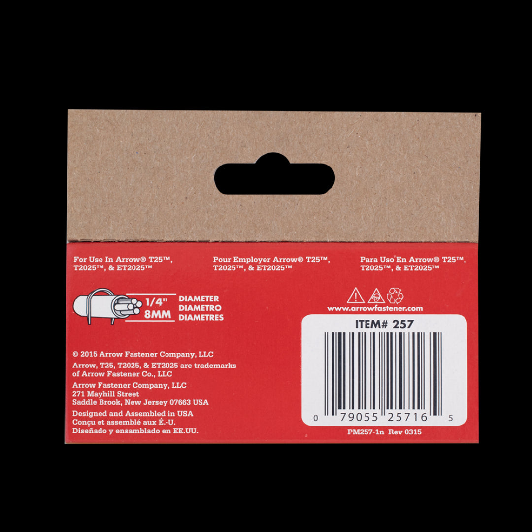 ARROW T25 11mm Staples: Heavy-duty steel staples for securely fastening CAT5, CAT6, RG6 wires; 1000 staples per pack.