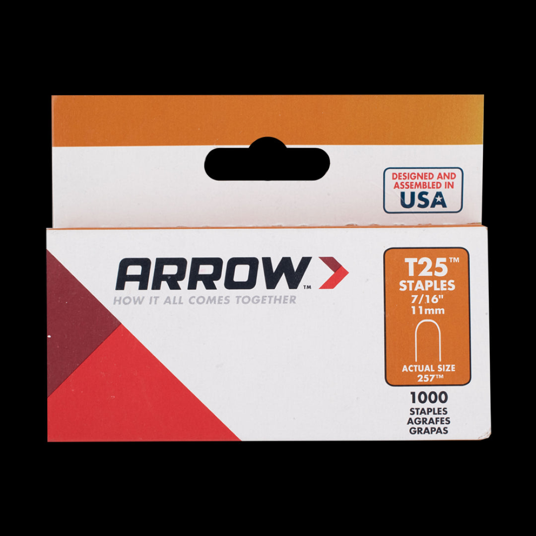 Heavy-duty ARROW T25 11mm steel staples for secure cable fastening, ideal for CAT5, CAT6, RG6, and RG9 installations.