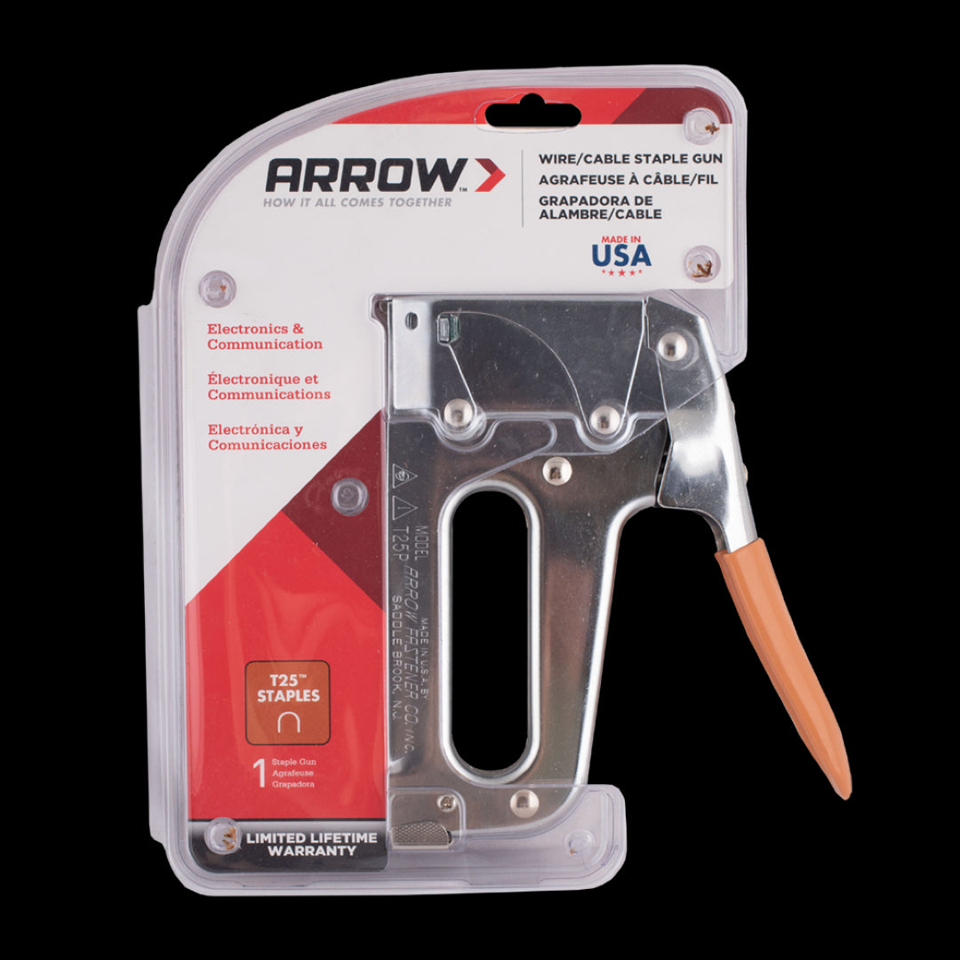 Arrow T25 Cable Staple Gun with chrome finish, designed for low voltage wiring up to 1/4", featuring a jam-resistant mechanism.