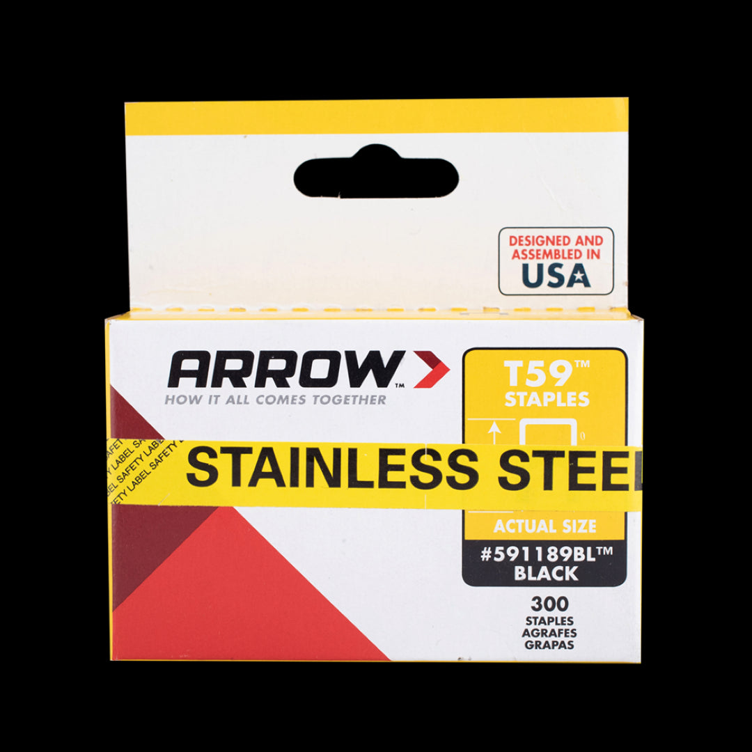 ARROW T59 insulated stainless steel staples in a black insulator, designed for secure cable management, box of 300 pieces.