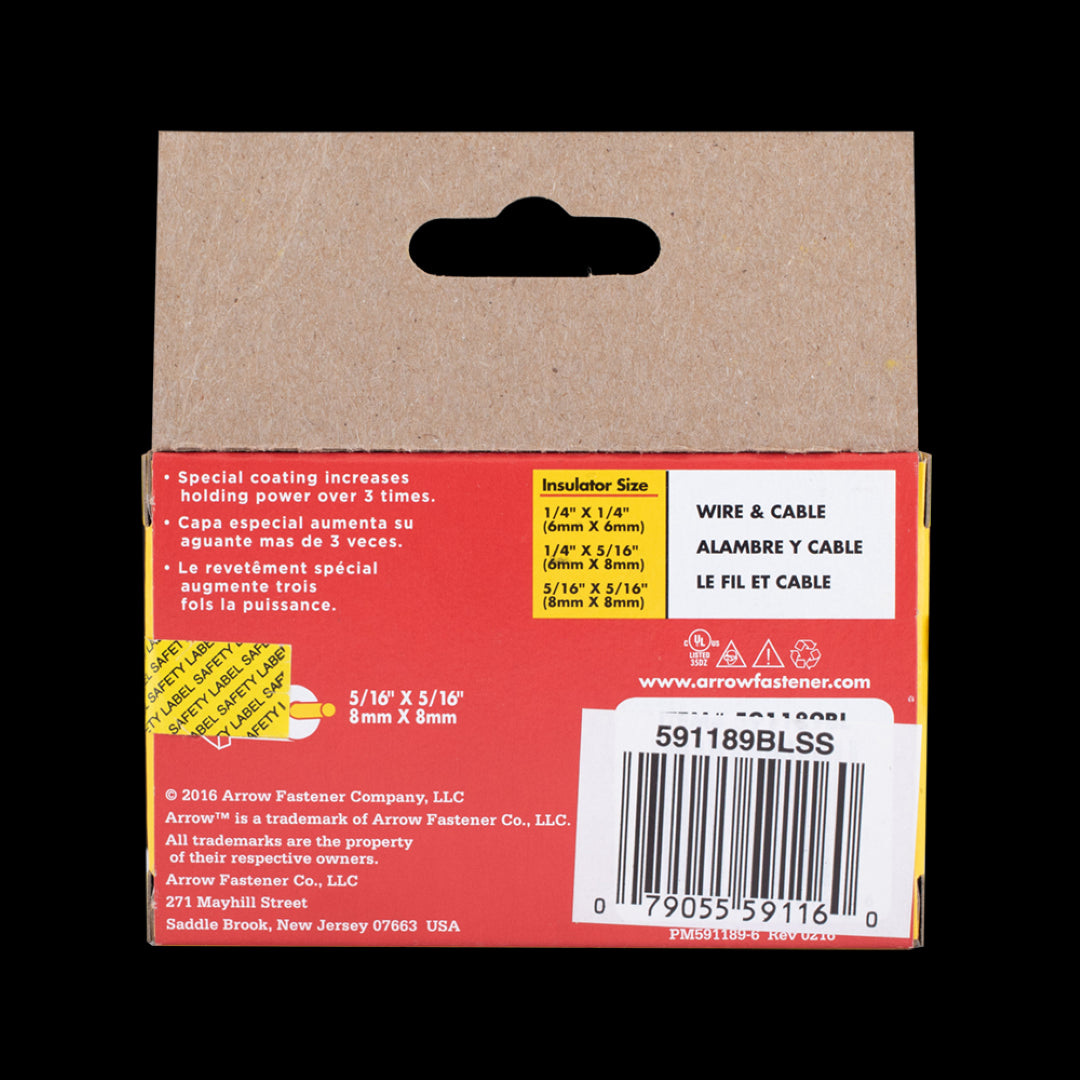 ARROW T59 stainless steel staples with black insulators for secure cable fastening, compatible with various tacker brands.