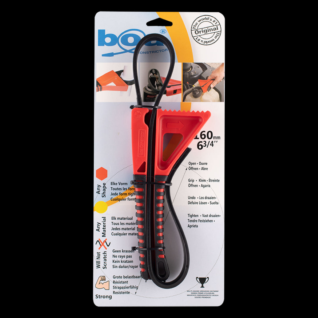BOA 160mm Constrictor Strap Wrench with ergonomic handle and strong rubber strap, ideal for safe gripping of various objects.