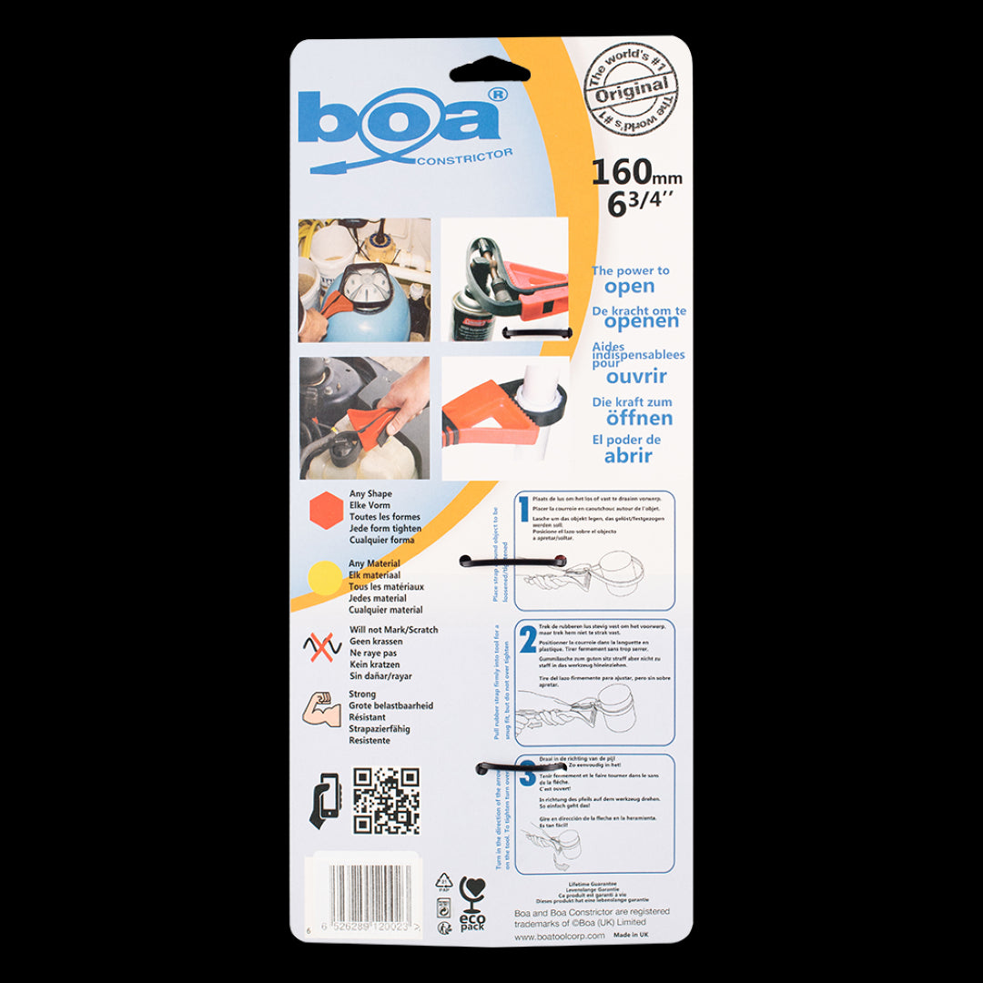 BOA 160mm Constrictor Strap Wrench with soft grip handle and durable strap for versatile, non-scratch gripping of various objects.