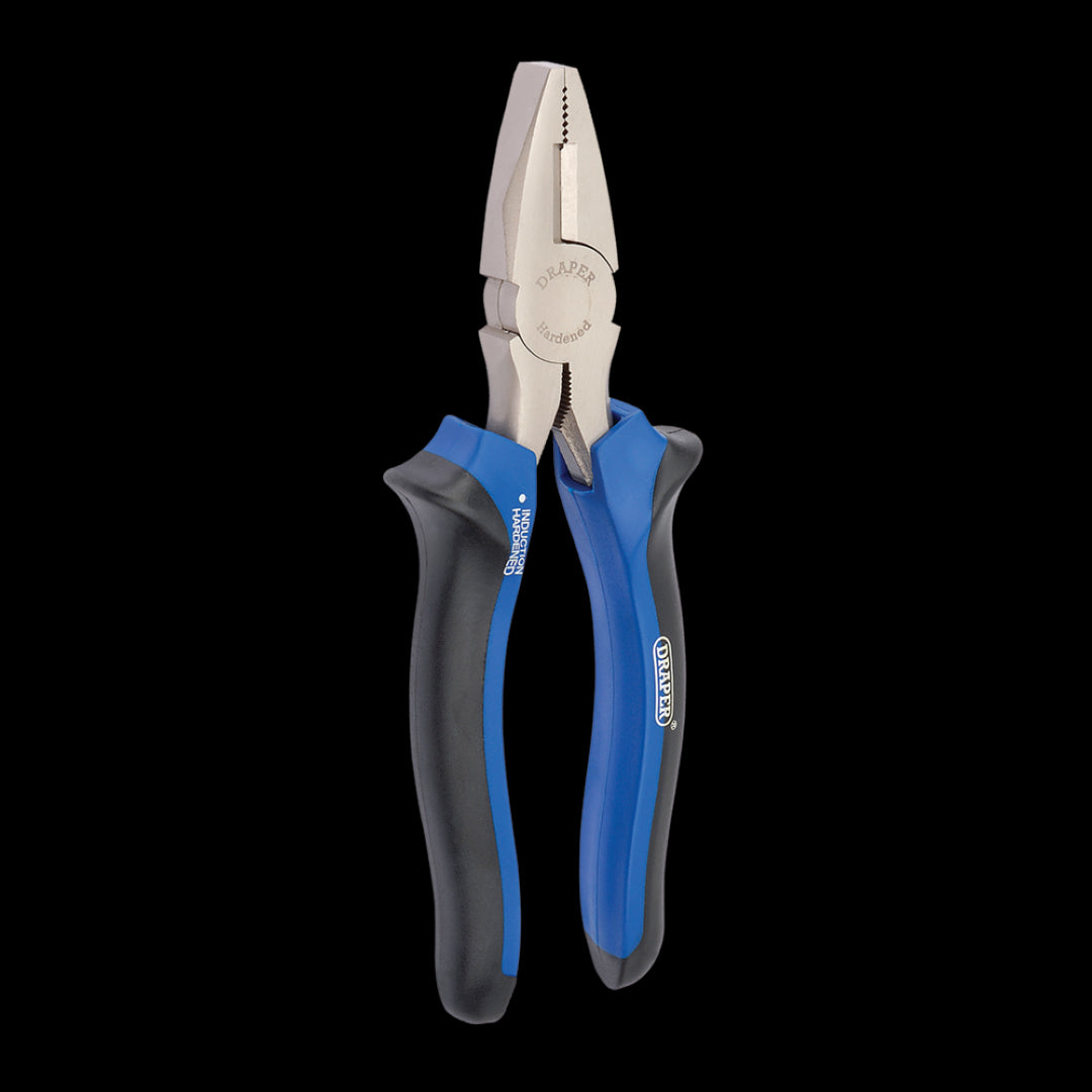 Draper 180mm linesman plier with carbon steel, soft grip handles, and precision cutting edges, ideal for tradesmen and DIY tasks.
