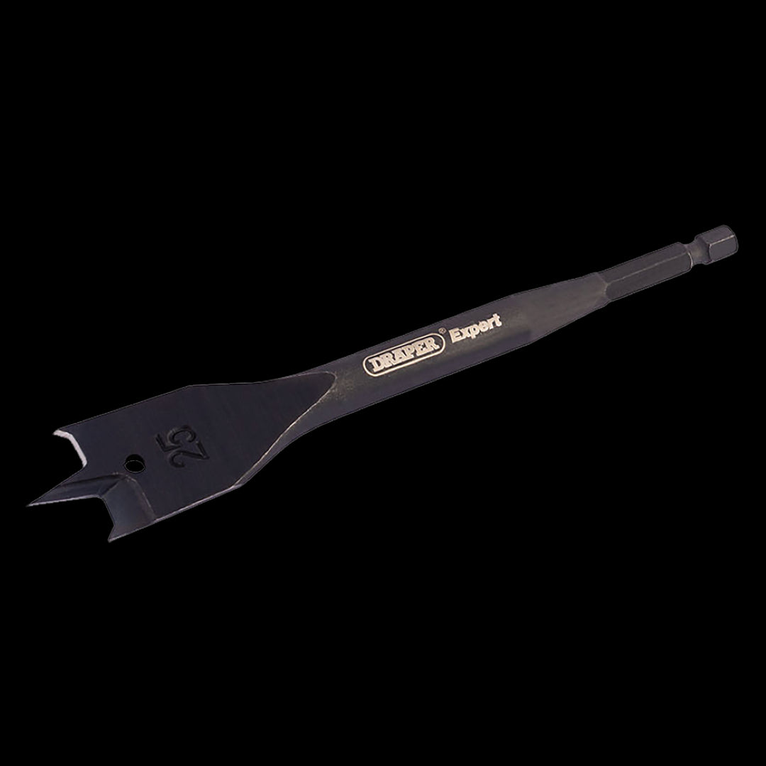 DRAPER Flat Wood Bit (152 x 25mm) for precise drilling in wood, featuring a central point for accuracy and spurs for efficient waste removal.