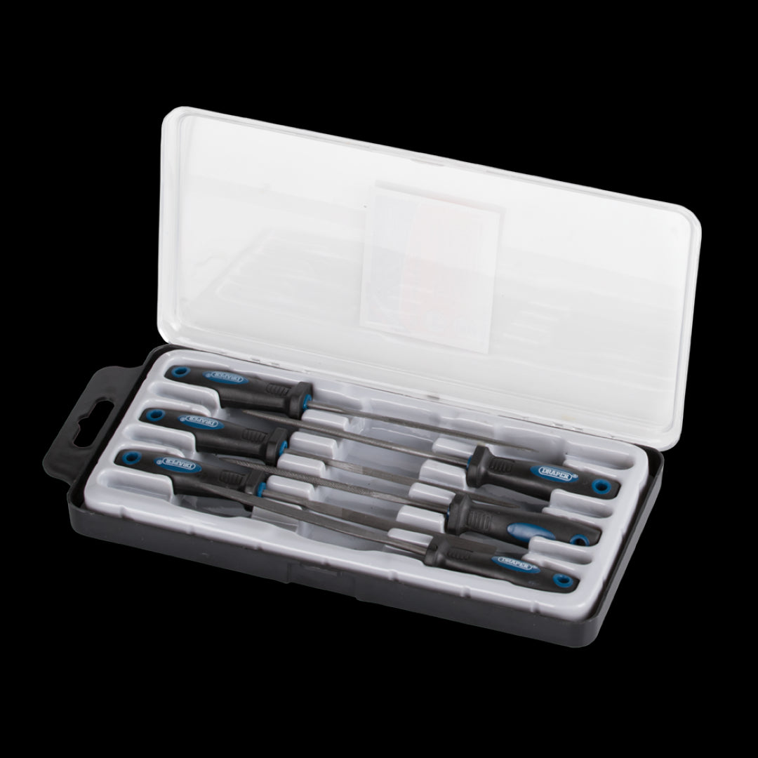 High-quality 6-pack needle file set with ergonomic handles for precision filing on various materials.