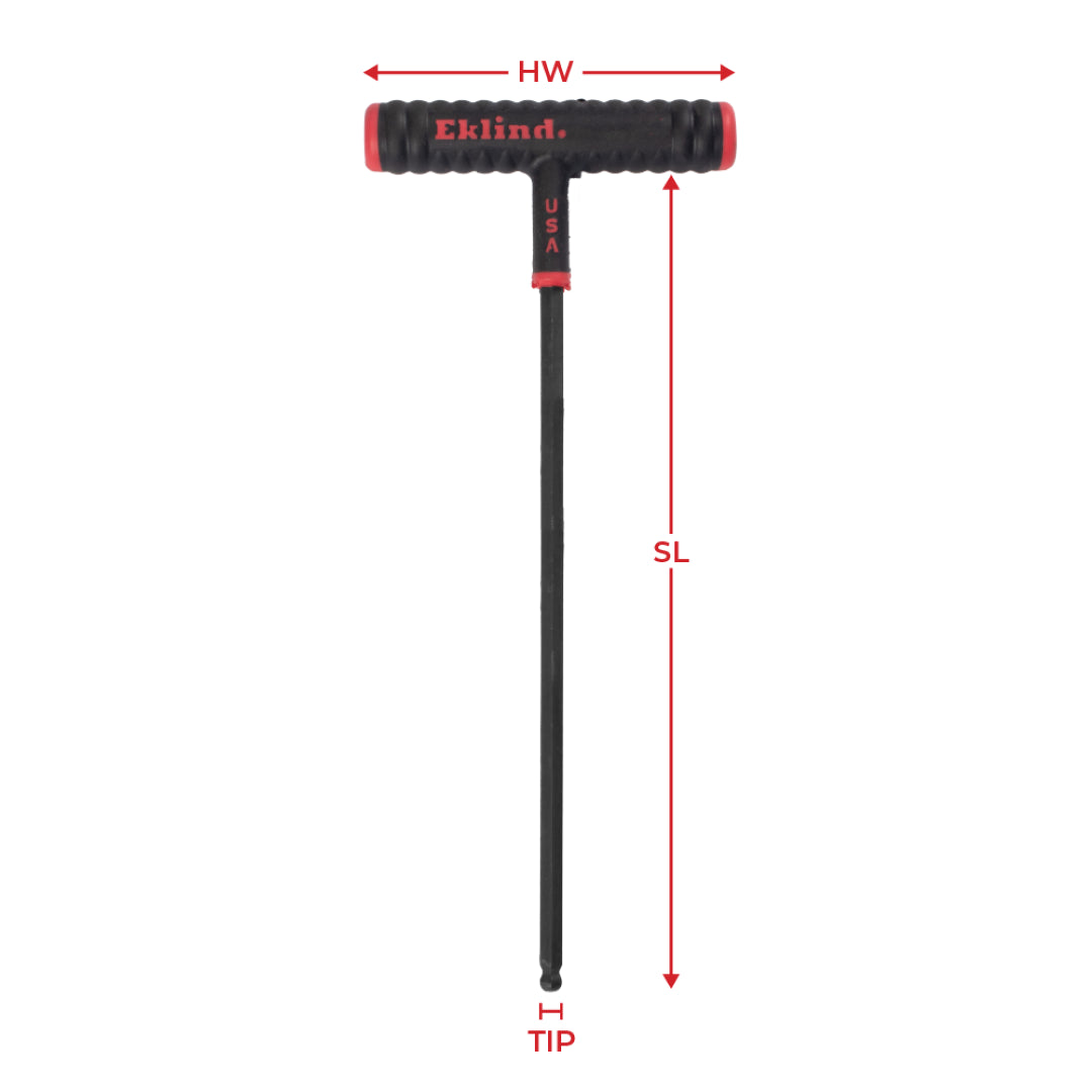 EKLIND Power-T Ball-Hex Key features a 225mm length, 3/8" tip, T-handle for better torque, and slip-resistant grip.