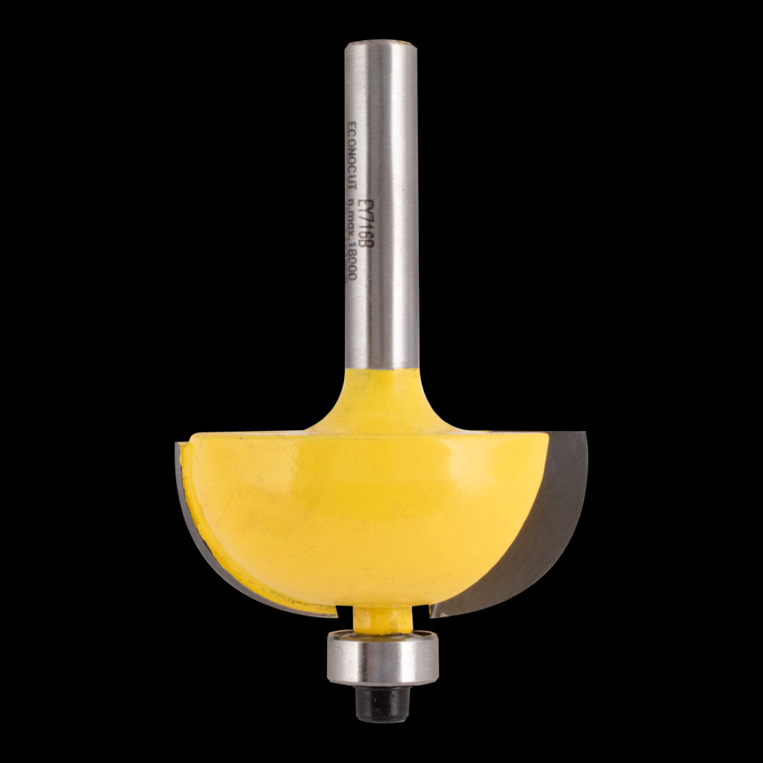 Carbide-tipped 2-flute cove bit with ball bearing guide for precise decorative edging and concave cuts in woodworking projects.