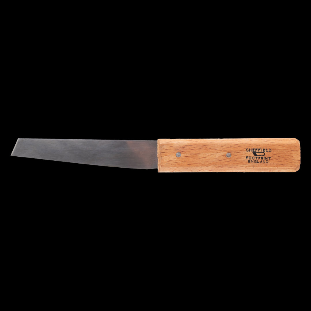 FOOTPRINT Shoe Knife with a 4.5-inch hardened steel blade and Beechwood handle, perfect for precision cutting in various materials.