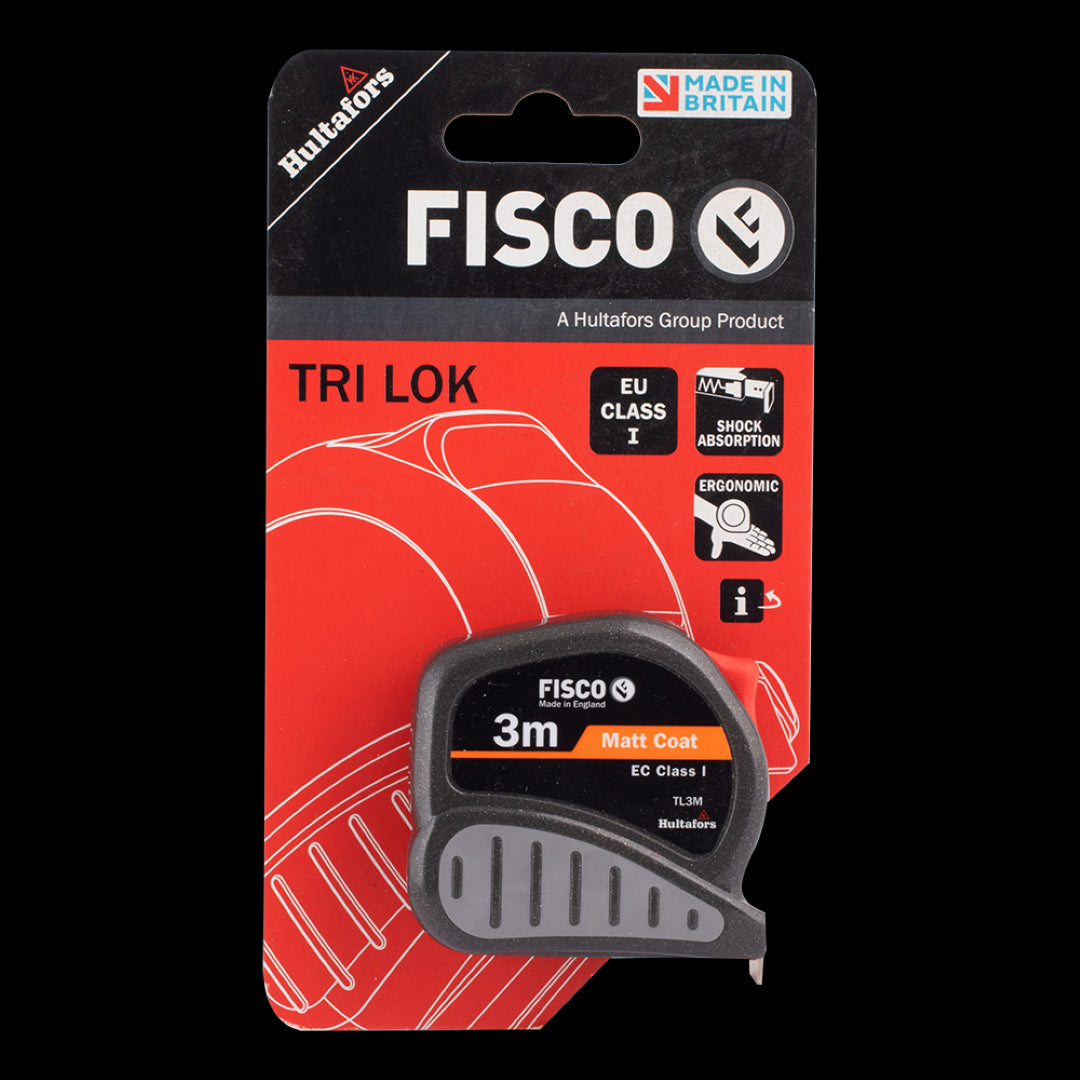 FISCO Tri Lok Measuring Tape (3m x 13mm) in grey, featuring a durable ABS case, accurate blade, and non-slip grip.