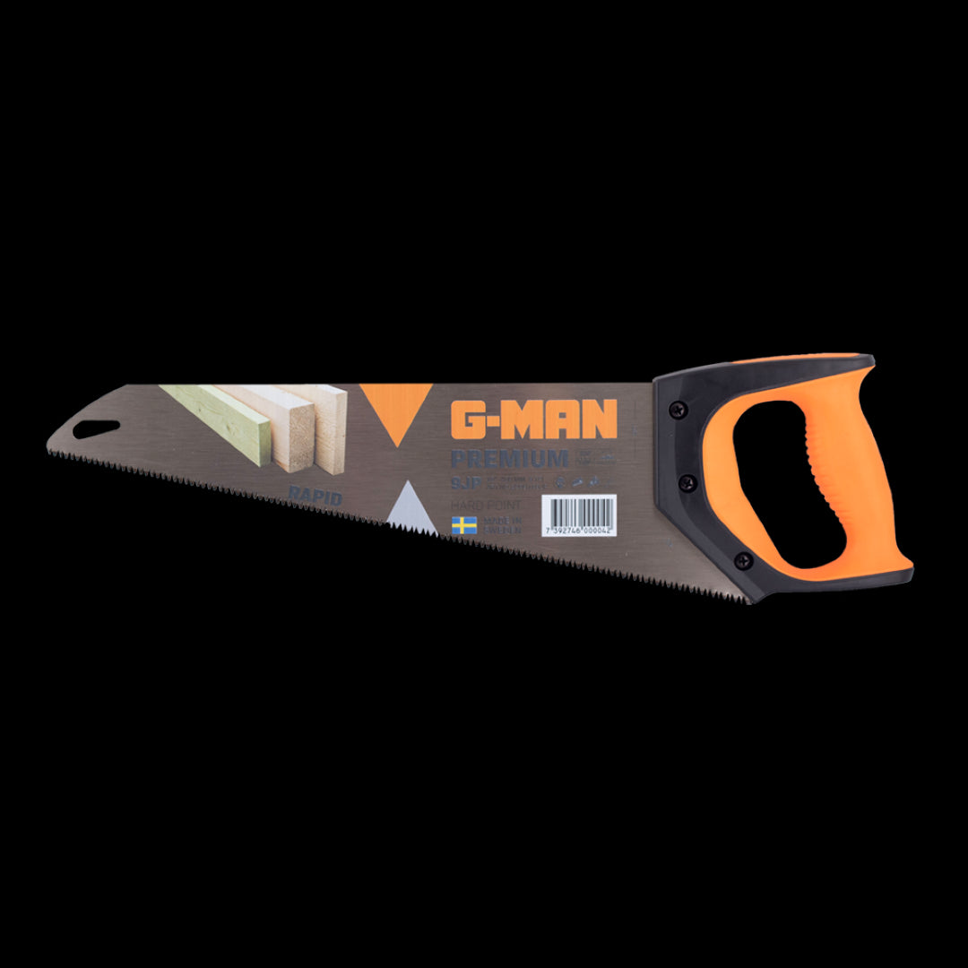 G-MAN 400mm Premium Rapid Hand Saw featuring 3-edge toothing, ergonomic grip, and diamond ground teeth for efficient cutting.