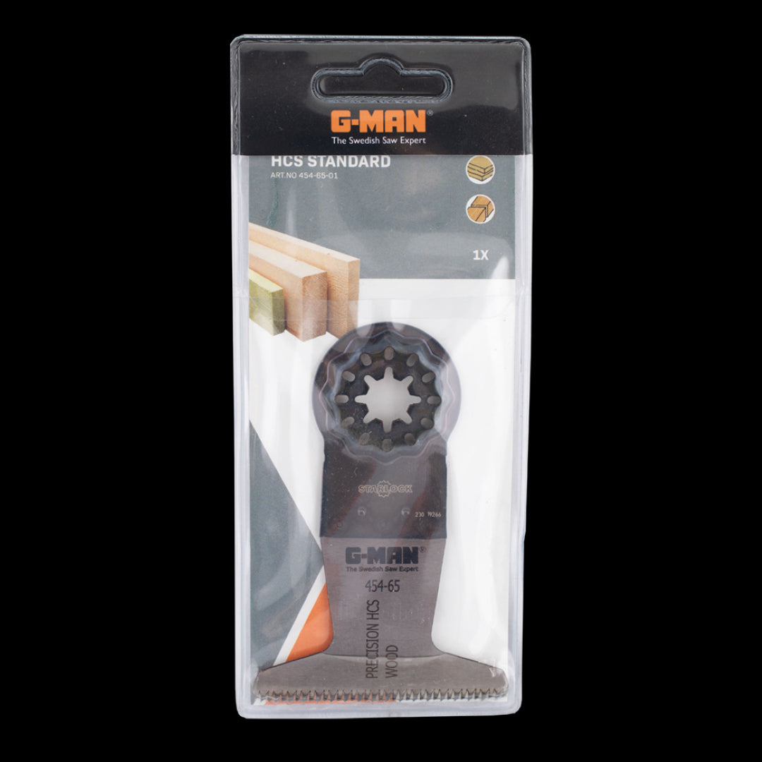 G-MAN Oscillating Saw Blade in high carbon steel, designed for precise cutting of wood, plastic, and plaster with a waisted design.