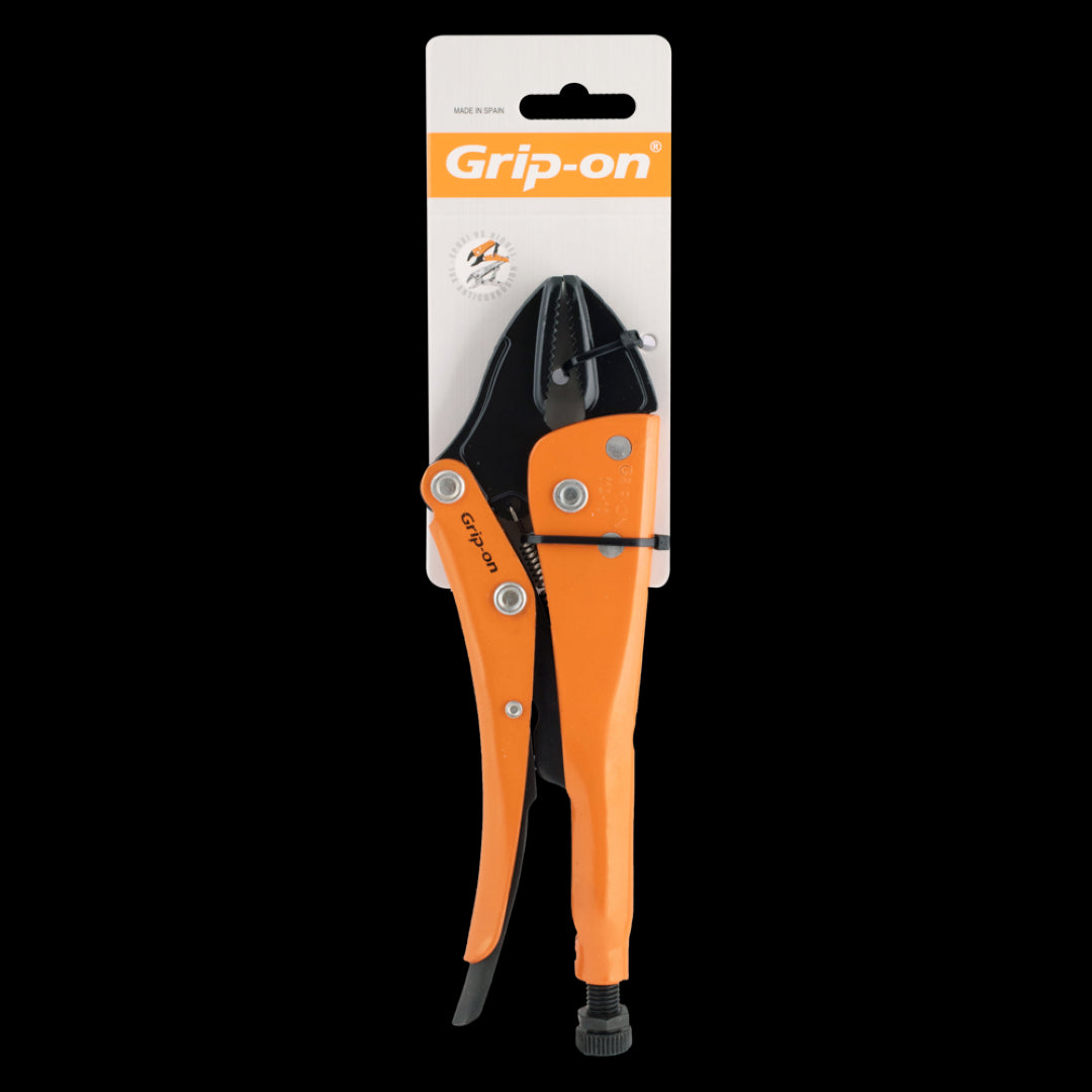 GRIP-ON 240mm Straight Jaw Locking Plier with ergonomic design, adjustable jaws, and superior corrosion-resistant forged steel.