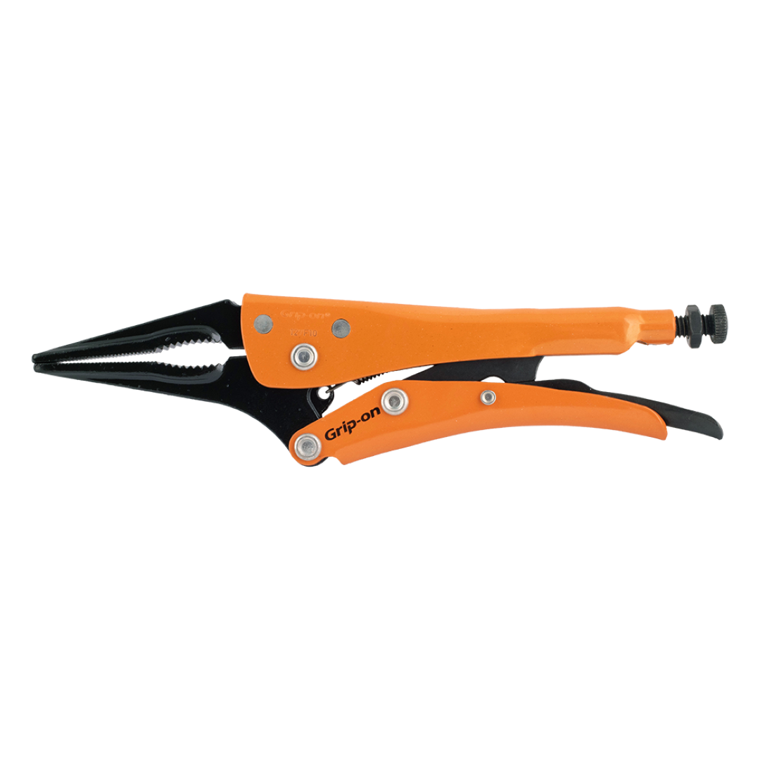 Long nose locking plier with slim jaw, curved gripping section, ergonomic design, and superior corrosion-resistant finish.