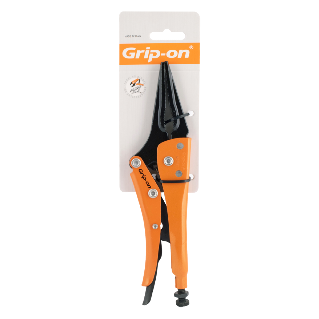 GRIP-ON 230mm Long Nose Locking Plier features a slim jaw for tight spaces, ergonomic design, and corrosion-resistant epoxy coating.