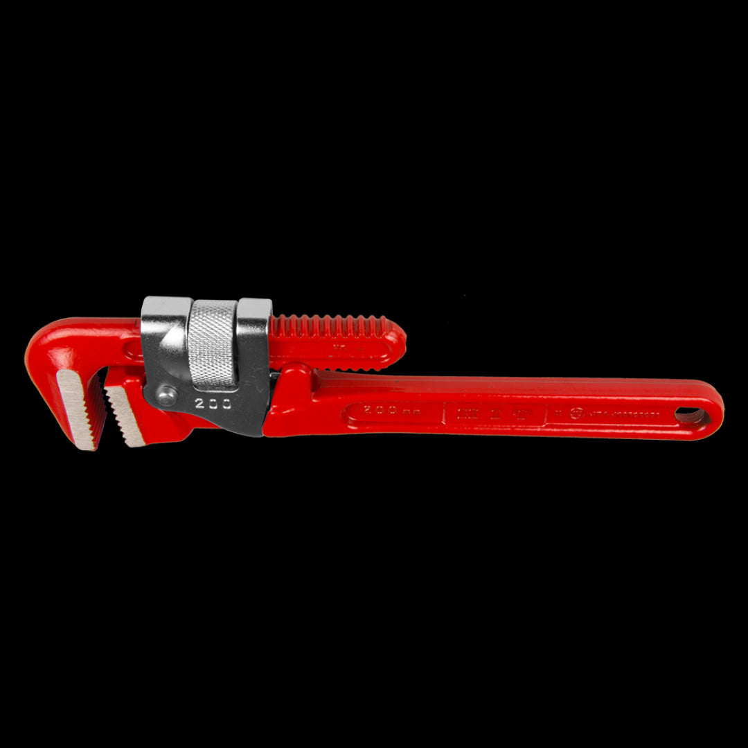 Durable HIT 200mm pipe wrench made of drop forged steel with full floating jaws for plumbing and mechanical tasks.