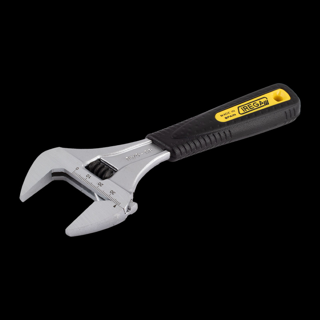 IREGA Super Wide Opening Adjustable Wrench with ErgoTop Grip, featuring 200mm jaw capacity and ergonomic design for optimal comfort.