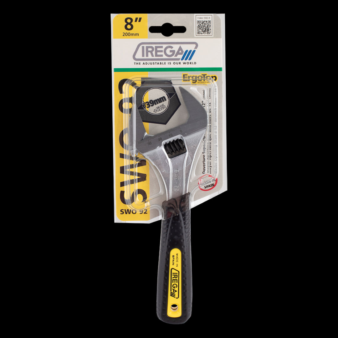 IREGA adjustable wrench with 200mm jaw capacity, ErgoTop grip for comfort, precision-ground jaws, and Double Security features.