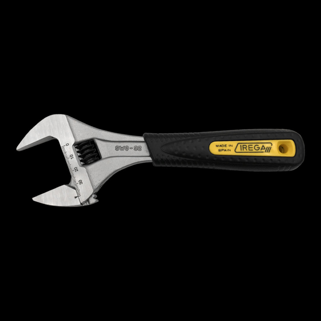 IREGA Super Wide Opening Adjustable Wrench with ErgoTop Grip, featuring durable steel, wider jaw capacity, and ergonomic design.