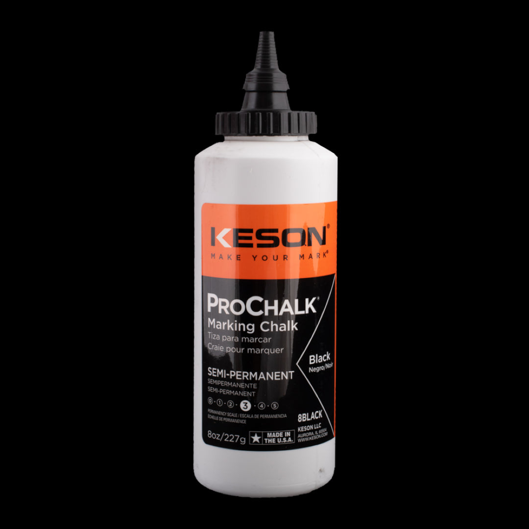 Black marking chalk in an 8oz bottle, designed for durable, weather-resistant outdoor markings for professionals and DIYers.