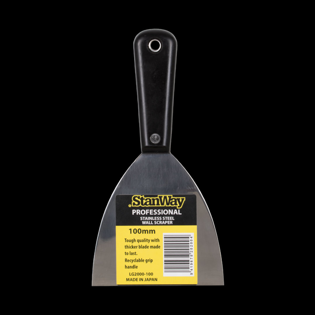 STANWAY 100mm Wall Scraper featuring a flexible stainless steel blade and ergonomic handle for easy smoothing and scraping tasks.