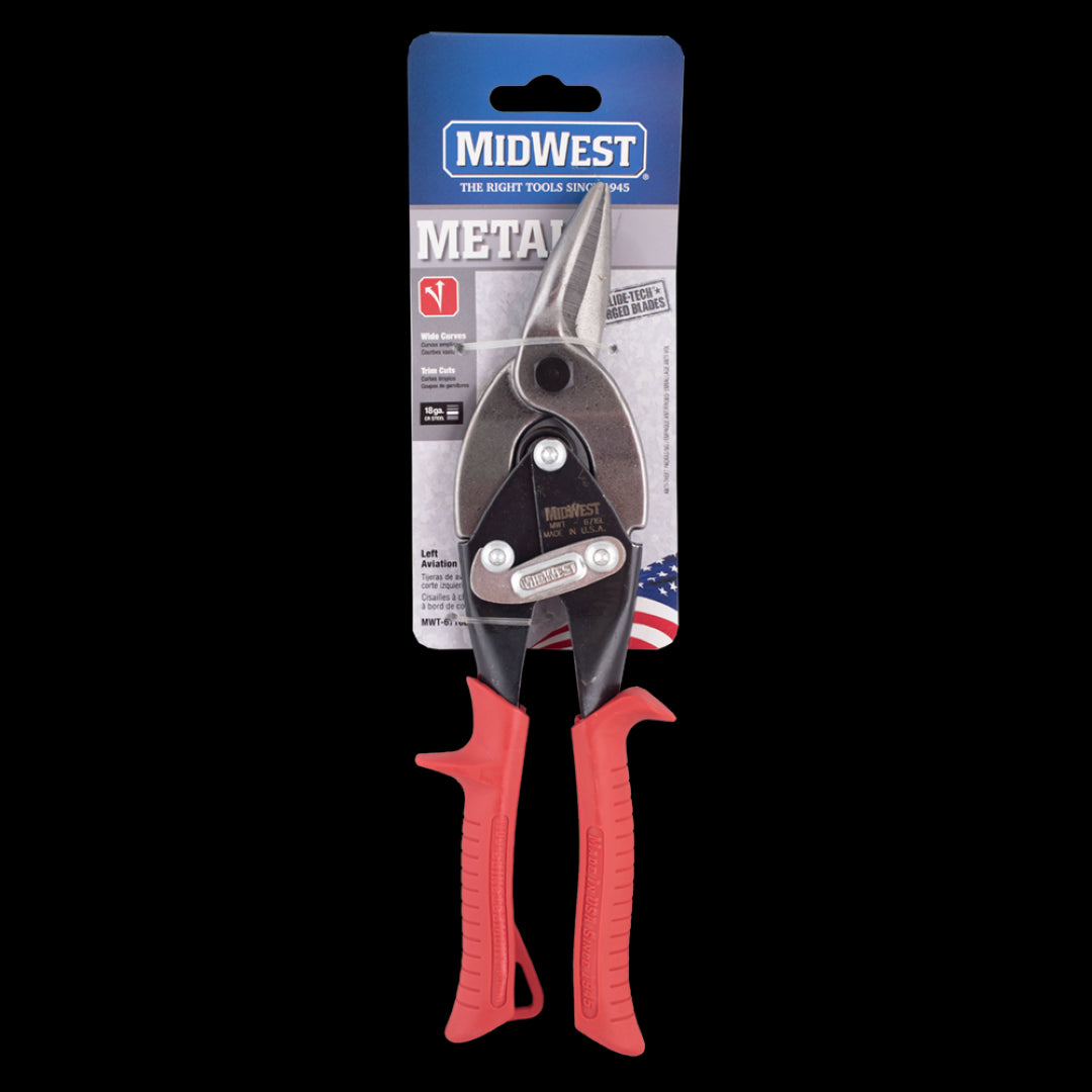 MIDWEST Left Aviation Snip with GLIDETECH forged blades, ideal for precise left curve cuts in metal, featuring a comfortable grip.