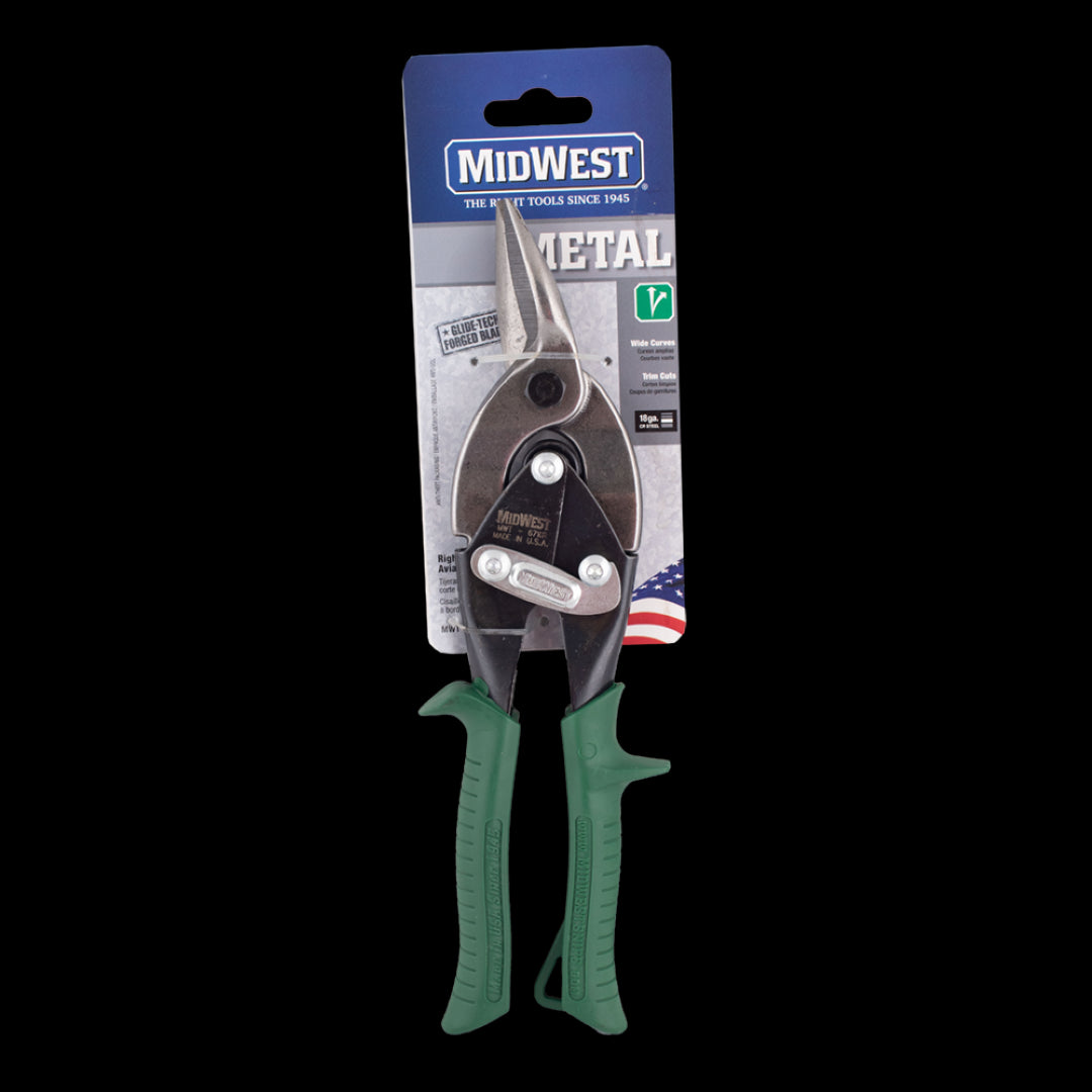 MIDWEST Right Cut Aviation Snip with GLIDETECH forged blades, ideal for precision metal cutting and comfortable left-hand use.