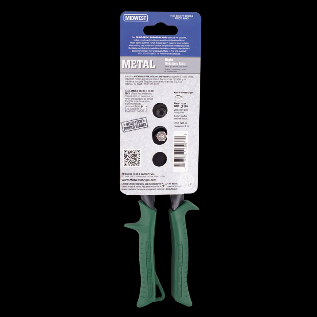 MIDWEST Right Cut Aviation Snip with GLIDETECH blades for precise metal cutting, designed for left-handed use, and comfortable grip.