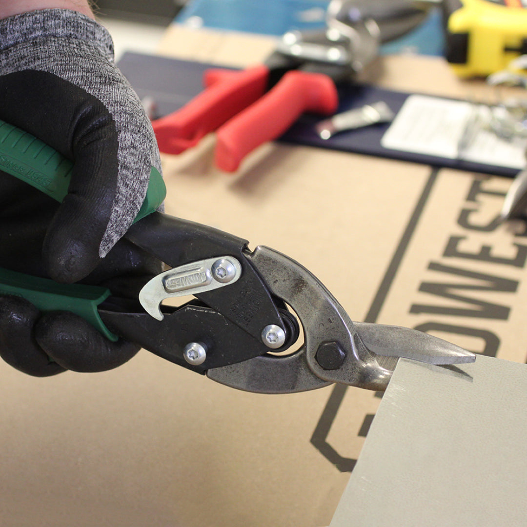 Right cut aviation snip with GLIDETECH forged blades for precise metal trimming, designed for left-hand use and comfort.