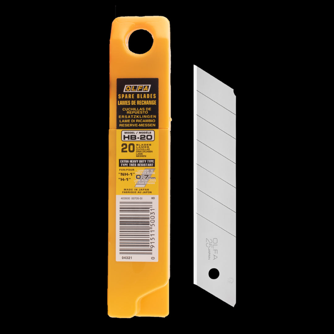 OLFA 25mm snap-off blades - 20 pack for precise cuts in various materials, housed in a protective, organized plastic case.