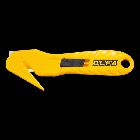 OLFA Stretch Wrap Cutter with beak-shaped guide for precise scoop cuts, featuring a durable handle and easy blade replacement.