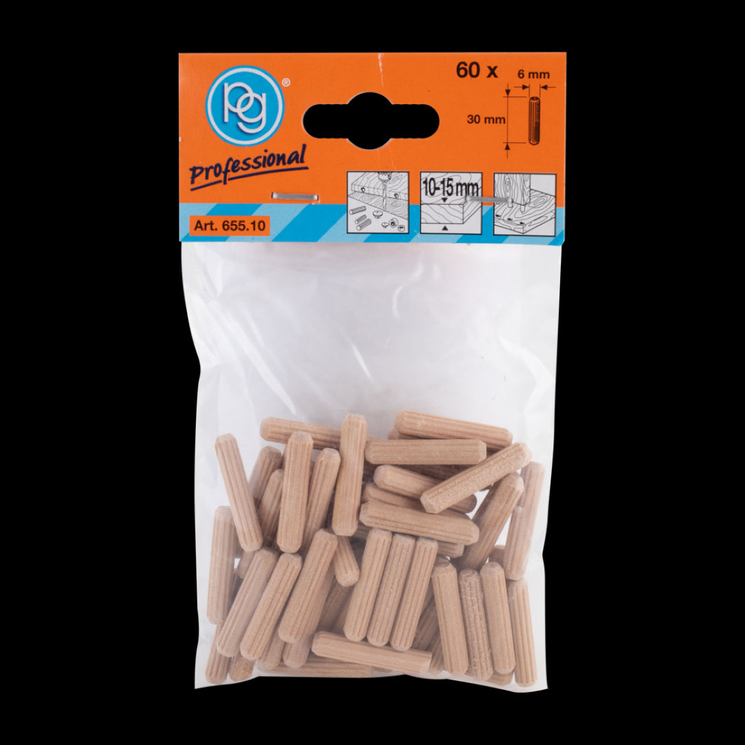 PG PROFESSIONAL 6mm Fluted Wooden Dowels in a 60-pack, expertly crafted from beech wood for strong joints in woodworking projects.