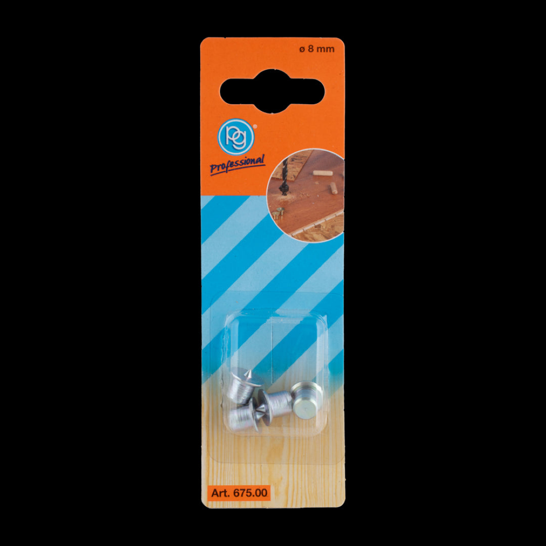 PG Professional 8mm Dowel Centre Points in a 4-pack, designed for precise dowel hole alignment in woodworking projects.