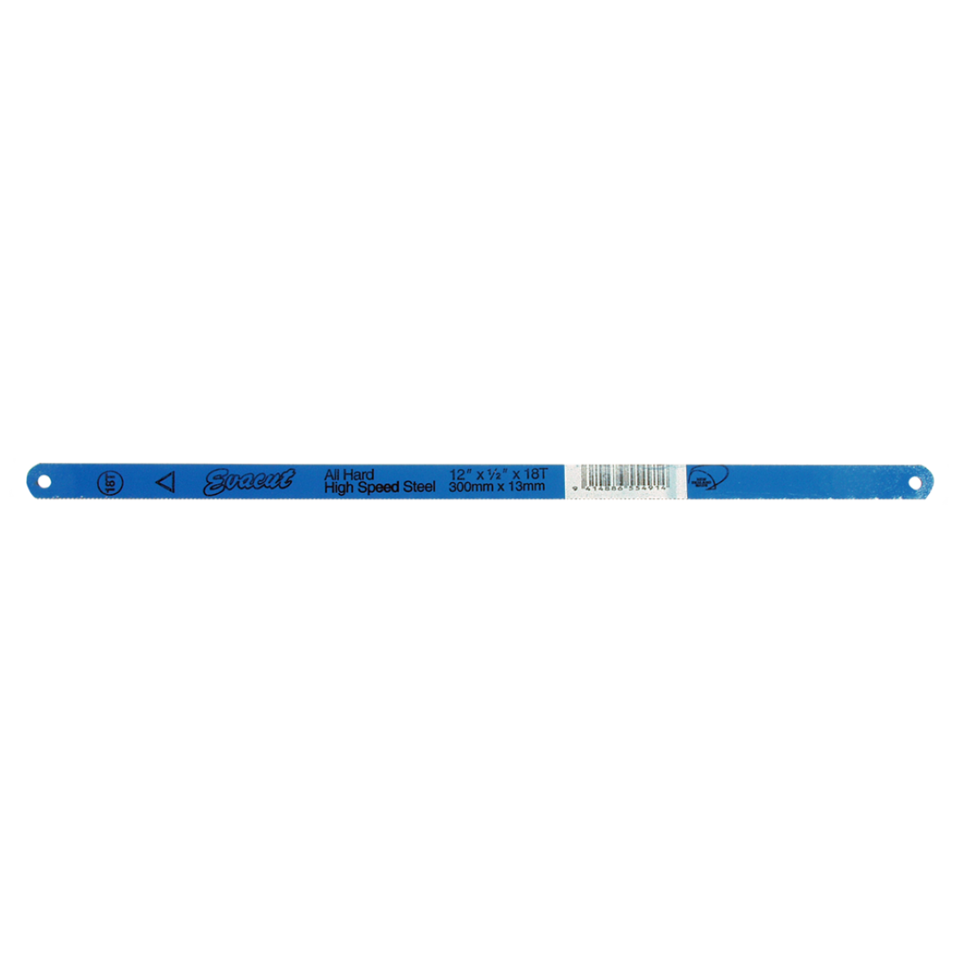 HSS hardened EVACUT 18T hacksaw blade for precise metal cutting, featuring 18 teeth per inch for durability and efficiency.
