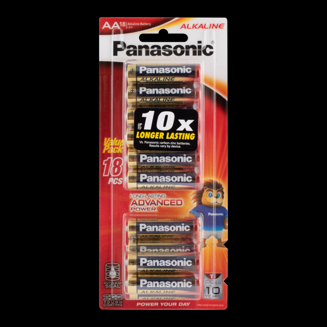 Reliable Panasonic AA alkaline batteries, 18-pack, designed for high performance in devices like remotes and toys, with leak protection.