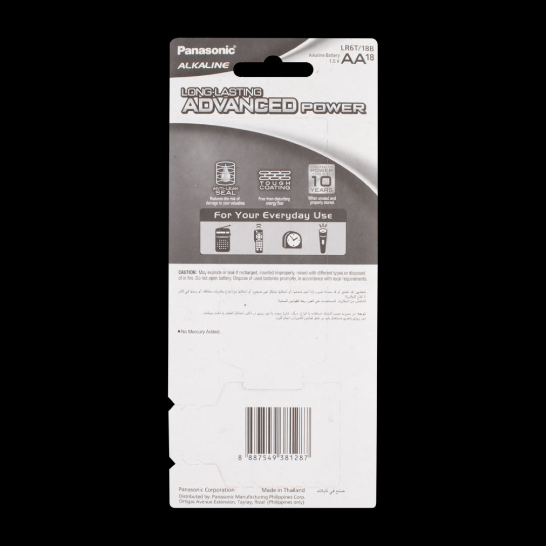 Panasonic Alkaline AA batteries, 18-pack, offering reliable power, anti-leak technology, and long-lasting performance for devices.