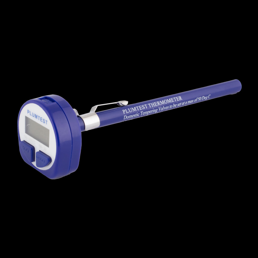 PLUMTEST Digital Thermometer featuring a stainless steel probe, measuring -50 to 200°C with Celsius/Fahrenheit toggle and pocket clip.