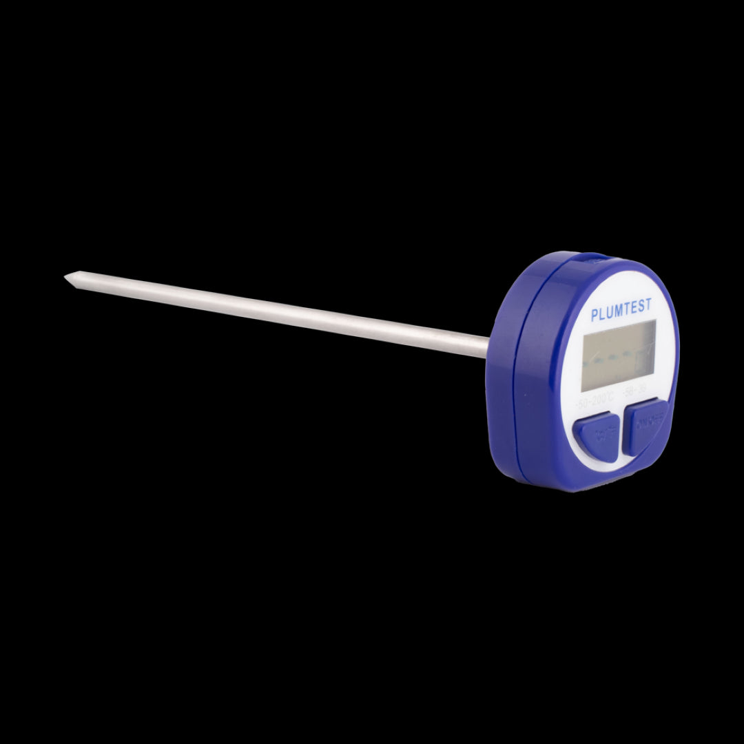 PLUMTEST Digital Thermometer with stainless steel probe measures -50 to 200°C, features auto-off, Celsius/Fahrenheit toggle, and pocket clip.