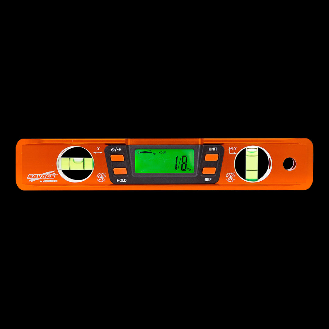 SWANSON 225mm Savage™ Digital Torpedo Level featuring green backlit display, 0.029° precision, and strong neodymium magnets.