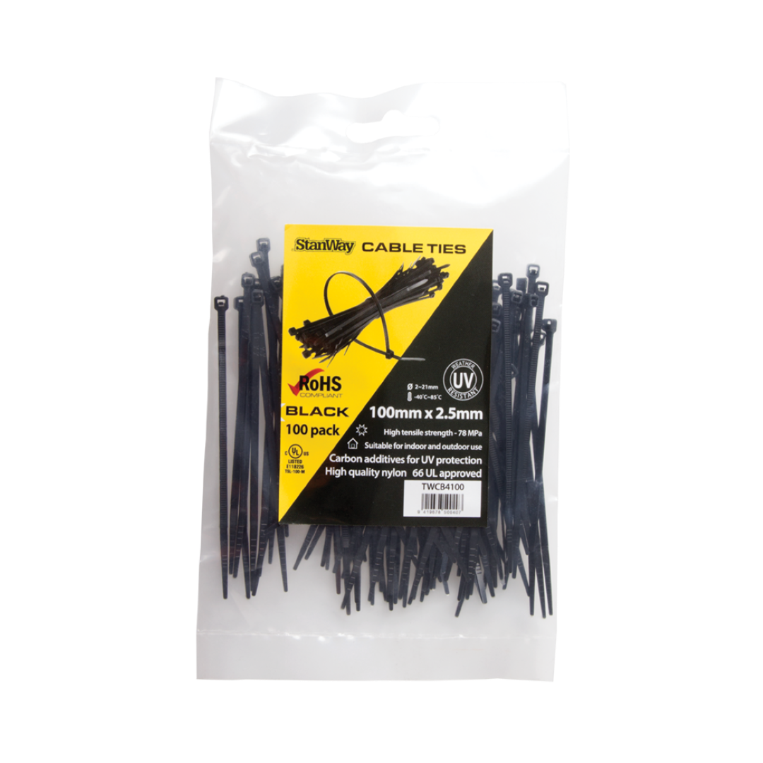 STANWAY UV Black Cable Tie (100mm x 2.5mm) - 100 Pack