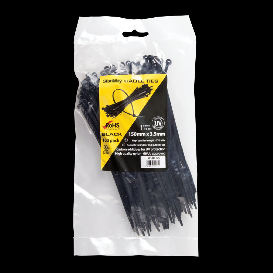 STANWAY UV Black Cable Tie pack, 150mm x 3.5mm, durable nylon, UV resistant, ideal for organizing cables indoors and outdoors.