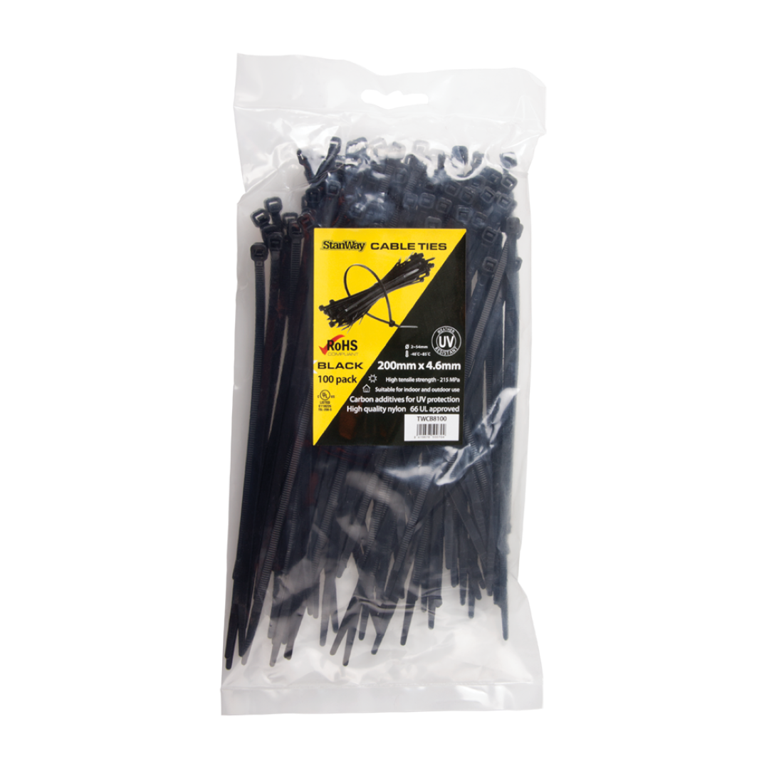 STANWAY UV Black Cable Tie pack featuring 100 durable, high-strength ties, ideal for indoor and outdoor organizing tasks.