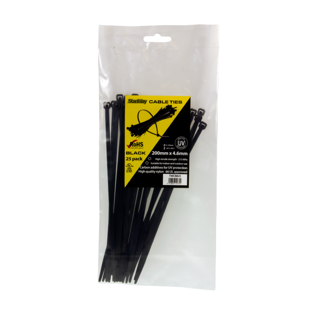 STANWAY UV Black Cable Tie Pack: 25 durable ties (200mm x 4.6mm) for reliable indoor/outdoor bundling and organizing.