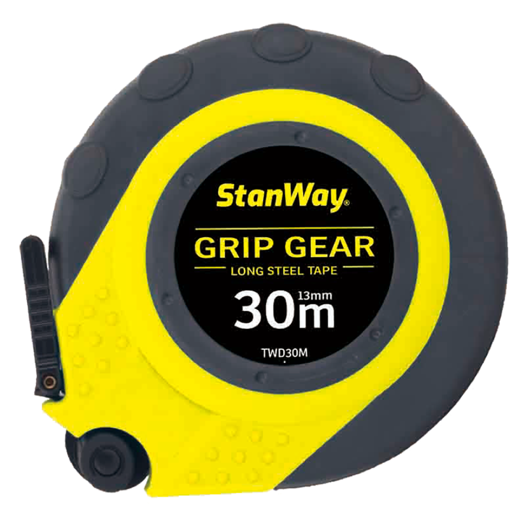 Durable 30m steel tape measure with ergonomic grip, shock-resistant casing, and fast retraction mechanism for precise measurements.