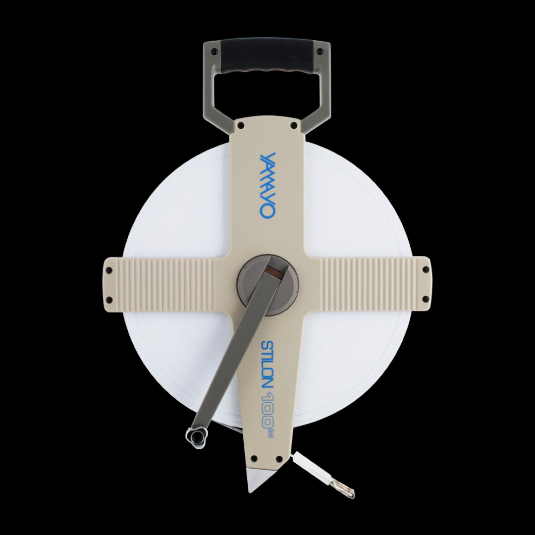YAMAYO 100m nylon-coated steel measuring tape, featuring high carbon core, water-resistant design, and durable ABS reel.
