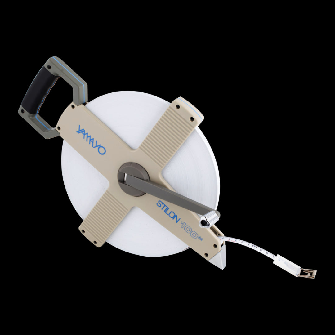 YAMAYO 100m measuring tape with durable nylon coating, high carbon steel core, water-resistant, and zero-start for precise measurements.