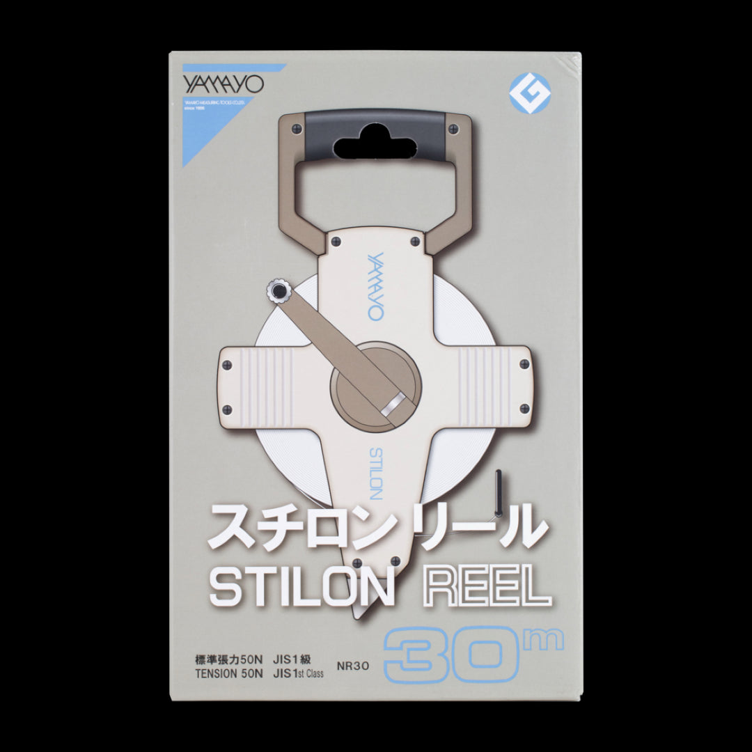 YAMAYO 30m nylon coated steel measuring tape, featuring high carbon core, durable ABS reel, and water-resistant design for precision measurements.